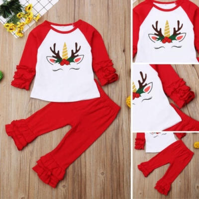 

Christmas Baby Girl Red Long Sleeve Cartoon Print Ruffles Tops Flare Pants 2Pcs Xmas Outfits Set Kid Clothes 0-5T