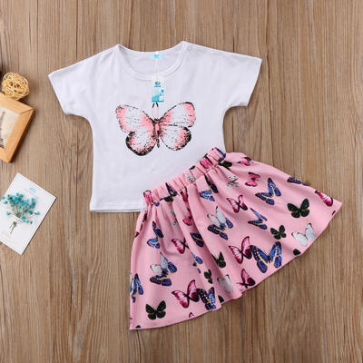 

Hot Style Toddler Baby Girls Butterfly Outfits Clothes Summer T-shirt Skirts Mini 2pcs Set