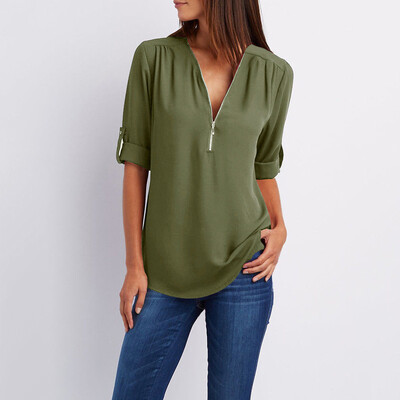 

Roseonmyhand Women Ladies Zipper Button Long Sleeves Loose Chiffon Shirt Clothing