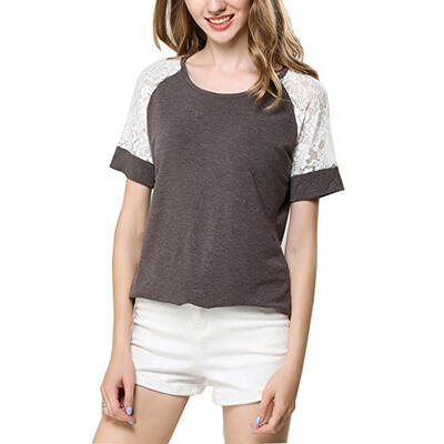

Loose Summer Women T-Shirt Short Sleeve Lace Stitching O-Neck Fashion Tops