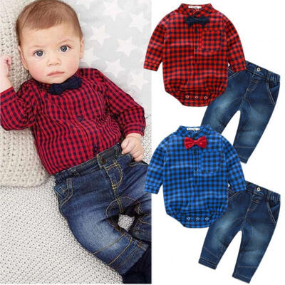 

Baby Boys Gentleman Long Sleeve Plaid Romper Jeans Outfit Set 0-24M