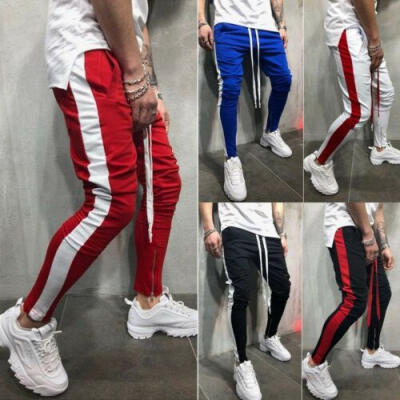 

MEN HIPSTER Jogger Gym Workout TRACK SIDE COLOR STRIPE TRACK ANKLE ZIP PANTS