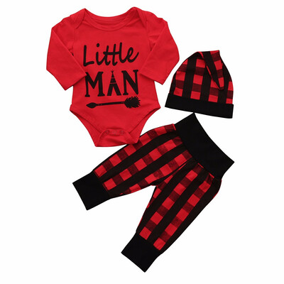 

3Pcs Newborn Infant Baby Boy Letter Romper TopsPants Cap Lattice Outfit Set