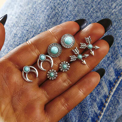 

F1 Vintage Retro Crystal Earrings For Women Boucle Doreille Jewelry Bohemian Stud Earring Set Green Droplets Brincos 5Pairs