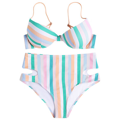 

Colorful Striped High Waist Backless Bikini Set