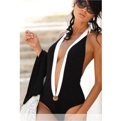 

Women&acutes Fashion Sexy One Piece Halter Button Deep V-Neck Monokini Swimsuit Black