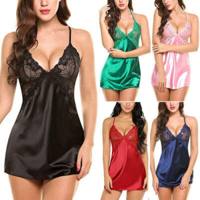 

UK Womens Sexy-Lingerie Sleepwear Satin Silk Babydoll Lace Nightwear Pajamas Set