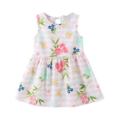 

Flower Print Dress Summer Girl Kids Sleeveless O Neck Pleated Loose Dresses