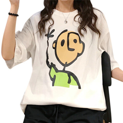 

Long Style Concise Top Women Cartoon Pattern Short Sleeve T-shirts Casual roupas feminina Loose All-match