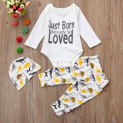 

3Pcs Newborn Infant Baby Boy Letter Romper TopsPants Cap Dinosaur Outfits Set
