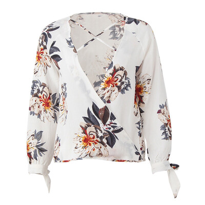 

Women Sexy V-Neck Long Sleeve Floral Print Chiffon Blouse Shirt Tops
