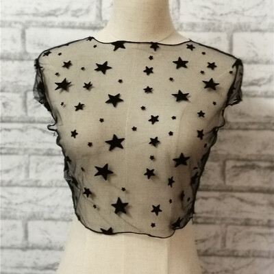 

Star Print Mesh Perspective Short Sleeve Womens Tops Sexy Leaking Navel Womens T-Shirts