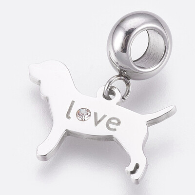 

304 Stainless Steel European Dangle Beads Large Hole Pendants with Rhinestone Dog with Word Love Stainless Steel Color 20mm