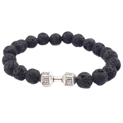 

Novelty Style Jewelry Natural Lava Energy Lava Bracelet Fashion Beaded Metal Dumbbell Bracelet