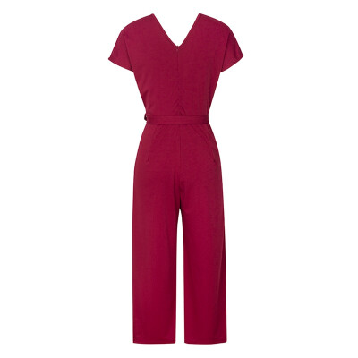 

Summer Solid Color Jumpsuit V-neck Short-sleeved Belt Jumpsuit Wide-leg Pants