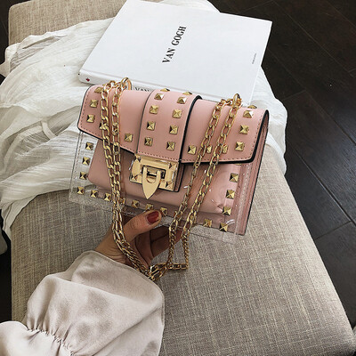 

Small clear Brand Designer Woman 2019 New Fashion Messenger Bag Chains Shoulder Bag Female Rivets Transparent Square PU Handbag