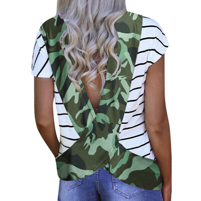 

Starmoon Fashion Women Sexy Loose Short Sleeve V-neck Printed Open Back T-Shirt Blouse
