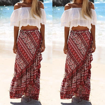 

Summer Womens Boho Floral Long Dress Full Skirt Beachwear Party Sundress
