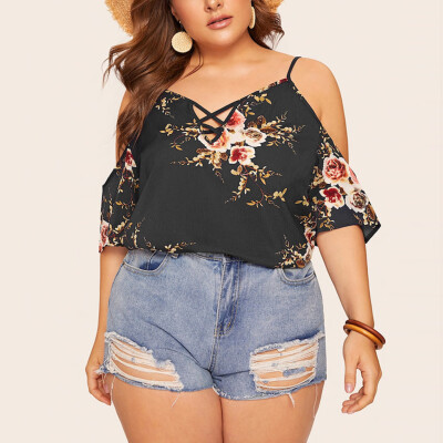 

Starmoon Women Plus Size Cold Shoulder Shirt Floral Print Ladies Summer Casual Blouse Top