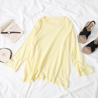 

Women T Shirt Thin Round Neck Casual Knitting Tops Loose Sun Protection Summer Beach Tops Solid Female T-Shirt