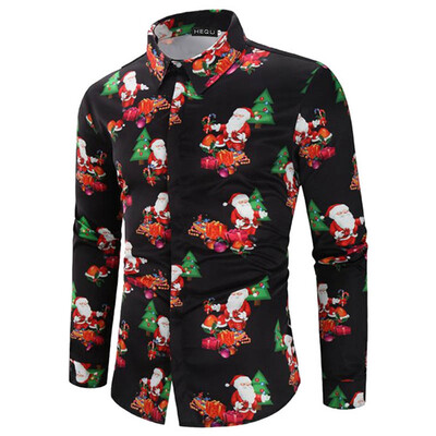 

2019 New Arrival Hot Sale Casual Christmas Santa Christmas Tree 3D Print Shirt Long Sleeve Stand Collar Slim Fit Shirt Plus Size