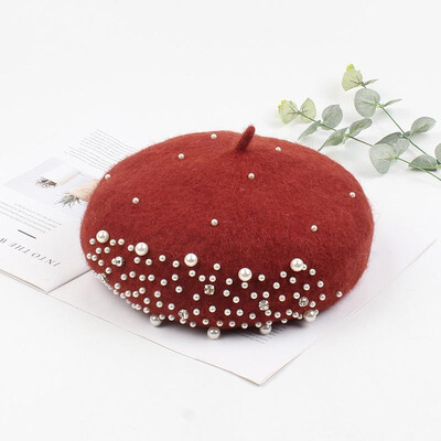 

Vintage Women Beret Hat Wool Beading Rhinestone Faux Pearl Adjustable Autumn Winter Sweet Pumpkin Hat