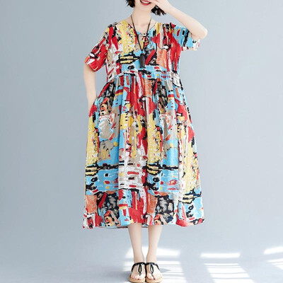 

Natioanl Women Dress Multicolor Floral Leaves Stripes Geometric Print V Neckline Half Sleeve High Waist Loose One-Piece