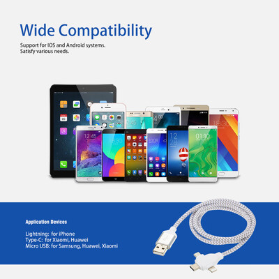 

US 3 in 1 Charging Cable Data Cable 2A with Micro USBType-cLightning for iPhone Xiaomi Huawei Samsung Nylon Braided Multiple USB