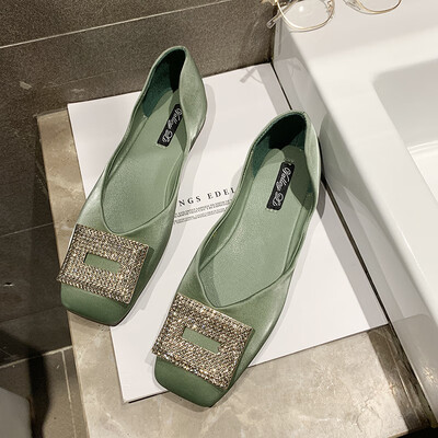 

Ins Womens Shoes Summer Korean Edition Fashion Water Drill Button Shallow Square Head Flat sole Womens Single Shoes Tide