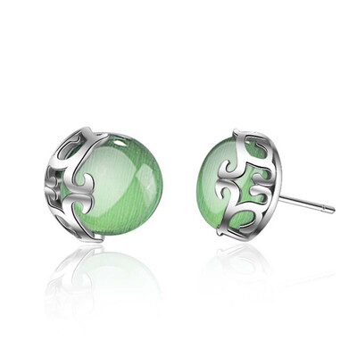 

Elegant Green Hollow Flower Jewelry Women Green Cat&39s Eye Fashion Stud Earrings
