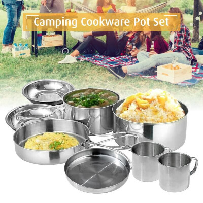 

8 PCS Outdoor Pot Set Camping Soup Coffee Water Cups Stainless Steel Cooking Pans Plates Set for 2-3 People