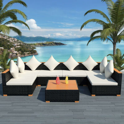 

7 Piece Garden Lounge Set with Cushions Poly Rattan Black