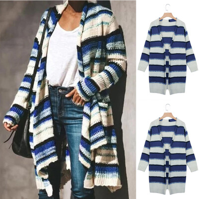 

Womens Casual Stripe Print Irregular Cardigan Long Sleeves Loose Knitwear Coat