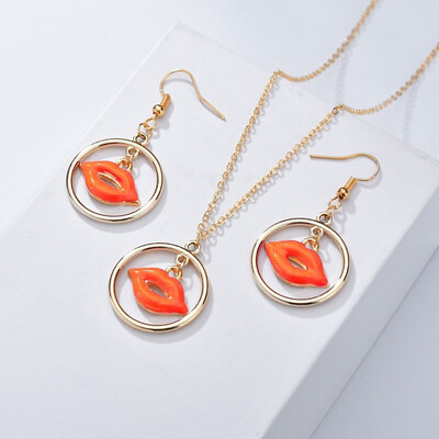 

Cute Bright Earrings Necklace Set Fruit Sexy Lips Cherry Bow Pendant Charm Sweet Girl Fashion Jewelry Earrings Necklace Set