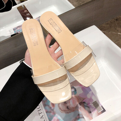 

Little Fresh Girl High-heeled Slippers Women Summer Korean Version Baitao Square-headed Rough-heeled Transparent Lazy Slippers