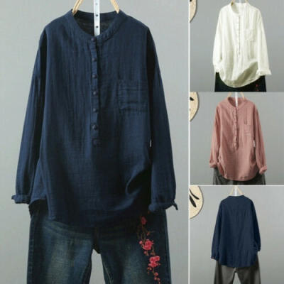 

Women Ladies Button Loose Casual Linen Shirt Blouse Tops Long Sleeve Pullover