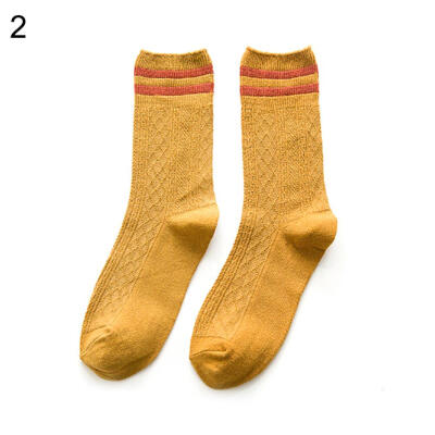 

Autumn Winter Vintage Striped Solid Color Women Breathable Middle Tube Socks