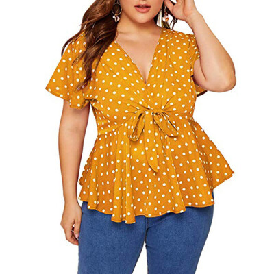 

Starmoon Womens Plus Size V Neck Short Sleeve Shirt Top Polka Dot Knot Front Blouse