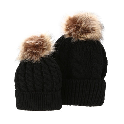 

Mom Baby Kid Warm Raccoon Fur Bobble Beanie Cotton Knitted Parent-child Hat