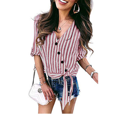 

Starmoon Womens Striped Button Down V-Neck Tops Roll Tab Sleeve Tie Knot Shirt Blouses