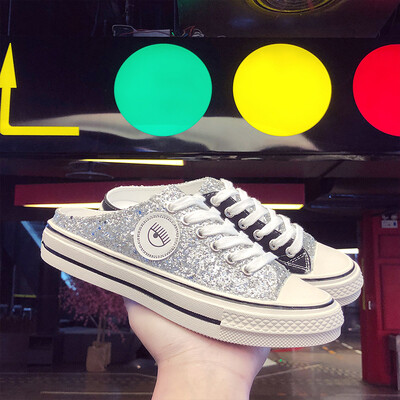 

Rhinestone Baotou half slippers womens summer 2019 new Korean version of fashion Joker flat casual loafers with no lazy shoes