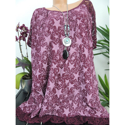 

Roseonmyhand Plus Size Women O-Neck Print Patchwork Hollow Out Short Sleeve Blouse Shirt Tops