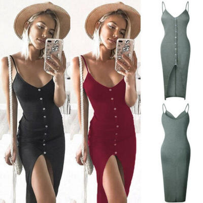 

Womens Sleeveless Strappy Tank Dress Slim Rib Knit Split Party Midi Dress Summer