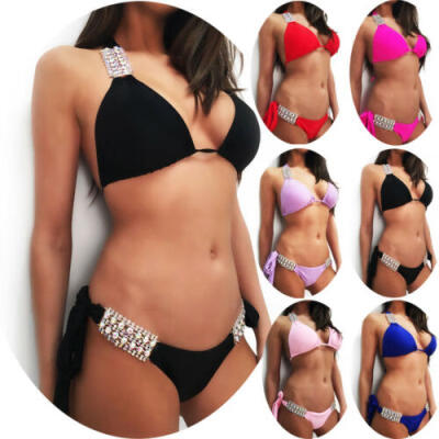 

Womens Crystal Swimsuit Bandage Bikini Set Push-up Padded Bra Bathing Swimwear