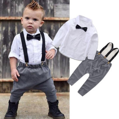 

2Pcs Newborn Infant Baby Boys Gentleman Clothes Shirt Tops Bib Pants Outfits Set 0-24M