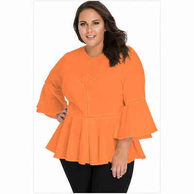 

Plus Size round neck seven-point trumpet sleeve solid color crochet casual top