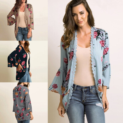 

New Women Casual Kimono Cardigan Floral Print Open Front Boho Loose Outerwear Beach Bikini Cover Up