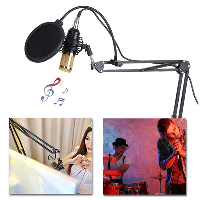 

BM800 Condenser Microphone Lit Pro Audio Studio Recording & Brocasting Adjustable Mic Suspension Scissor Arm Pop Filter SilveryGr
