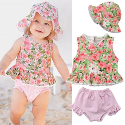 

Kids Baby Girl Pink Floral Swimsuit Swimwear Top Vest Shorts Hat Outfits Set