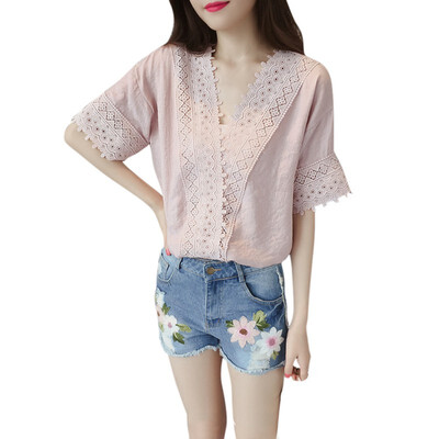 

Cotton Short Sleeve Blouse 2018 Summer Women Solid Casual Lace Hollow Out V Neck White OL Blusas